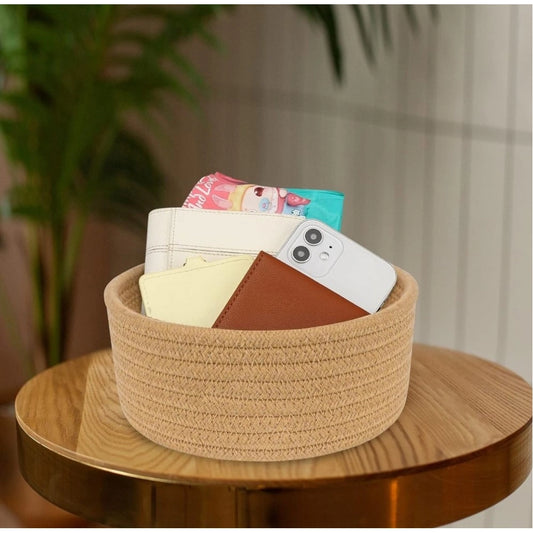 Amfyn Cotton 8x3 Inch Round 1 Pcs Bedside Organizer With Out Lid (Beige)