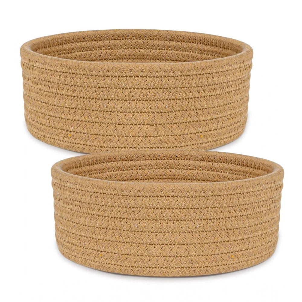 Amfyn Cotton 8x3 Inch Round 2 Set Bedside Organizer With Out Lid (Beige)