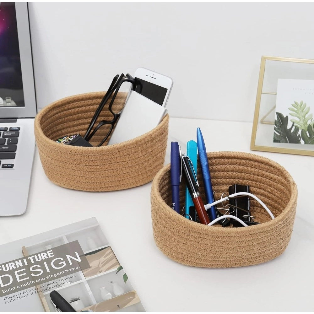 Amfyn Cotton 8x3 Inch Round 2 Set Bedside Organizer With Out Lid (Beige)