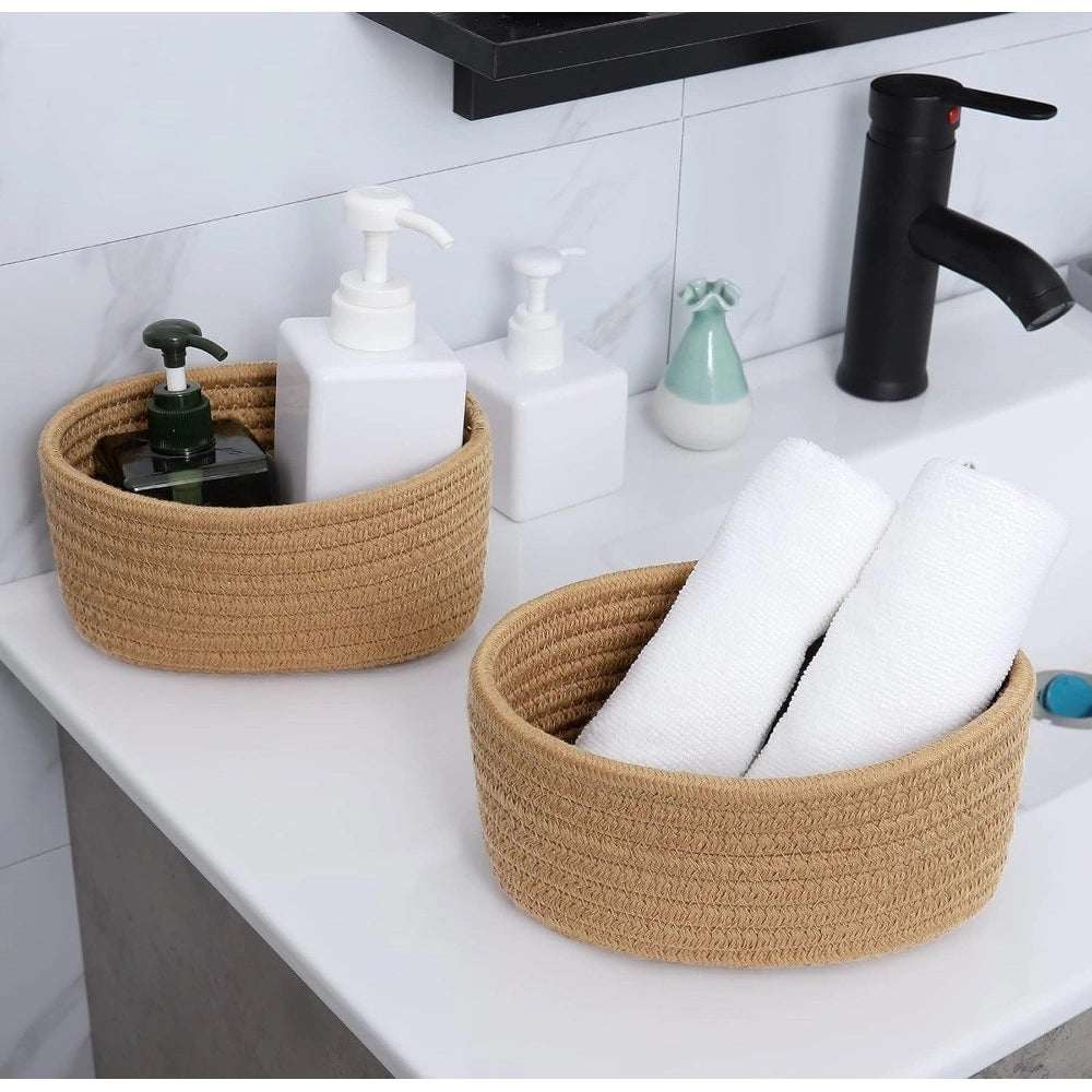 Amfyn Cotton 8x3 Inch Round 2 Set Bedside Organizer With Out Lid (Beige)