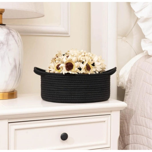 Amfyn Cotton 8x3 Inch Round Bedside Organizer With Out Lid (Black)