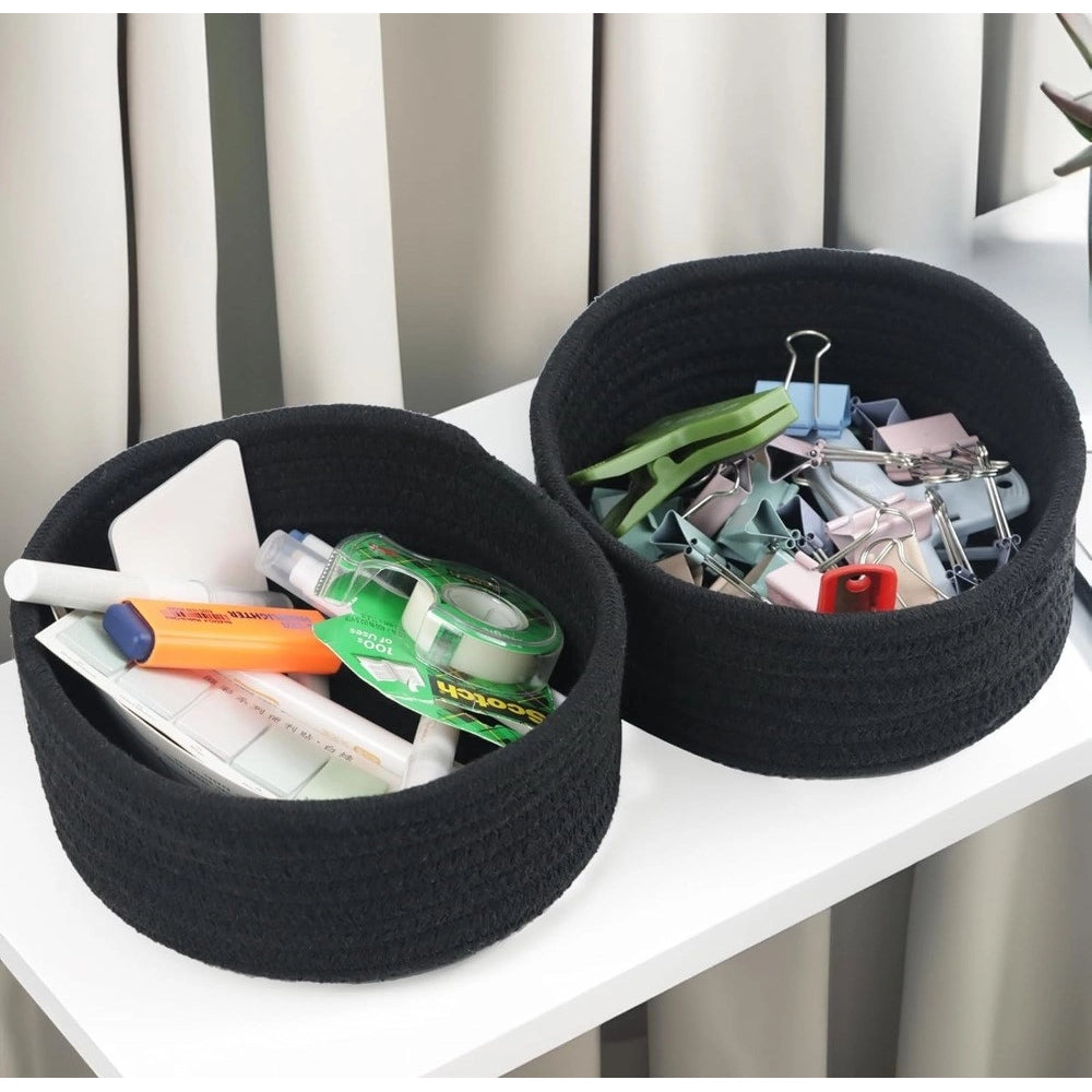 Amfyn Cotton 8x3 Inch Round 3 Set Bedside Organizer With Out Lid (Black)