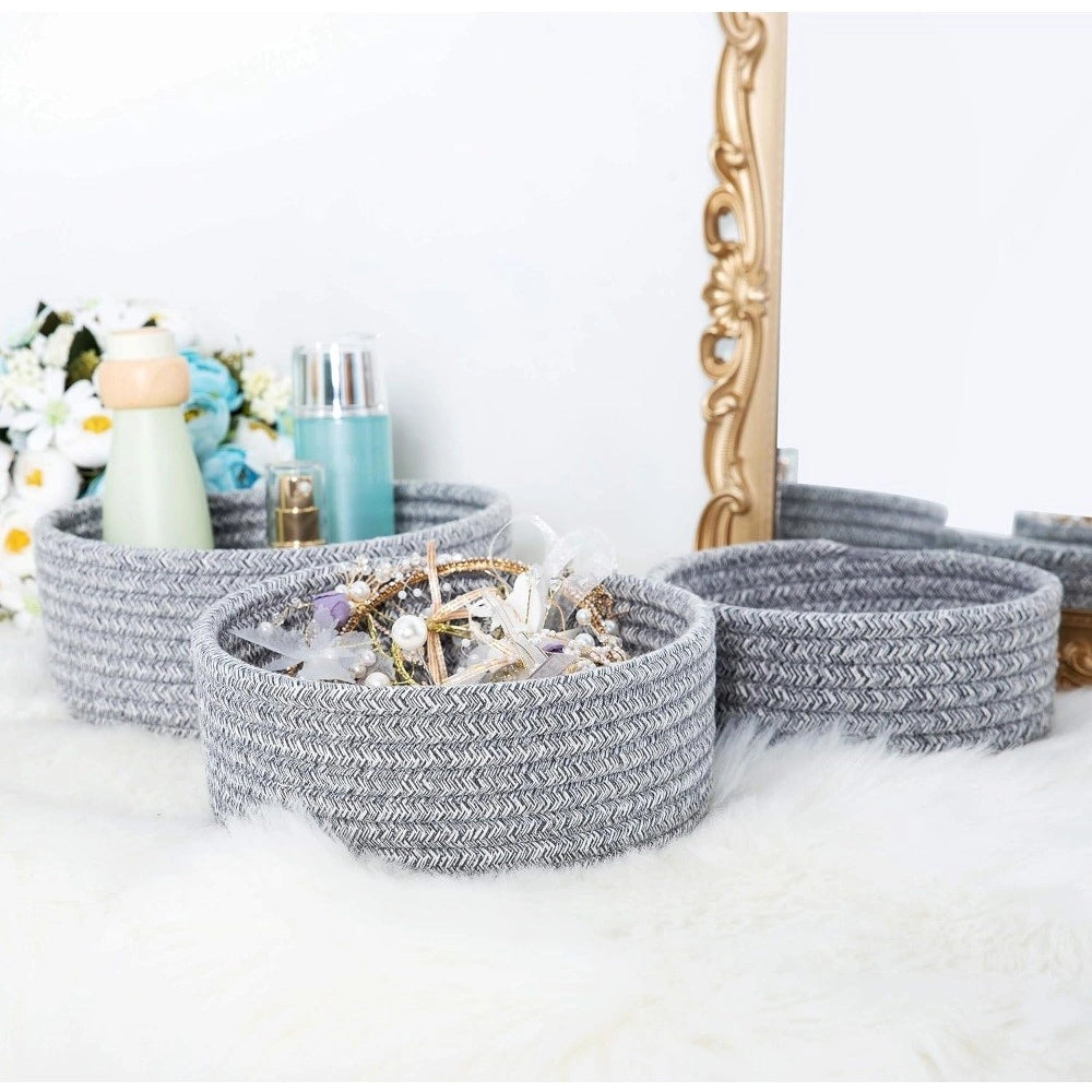 Amfyn Cotton 8x3 Inch Kidi Round 3 Set Bedside Organizer With Out Lid (Gray)