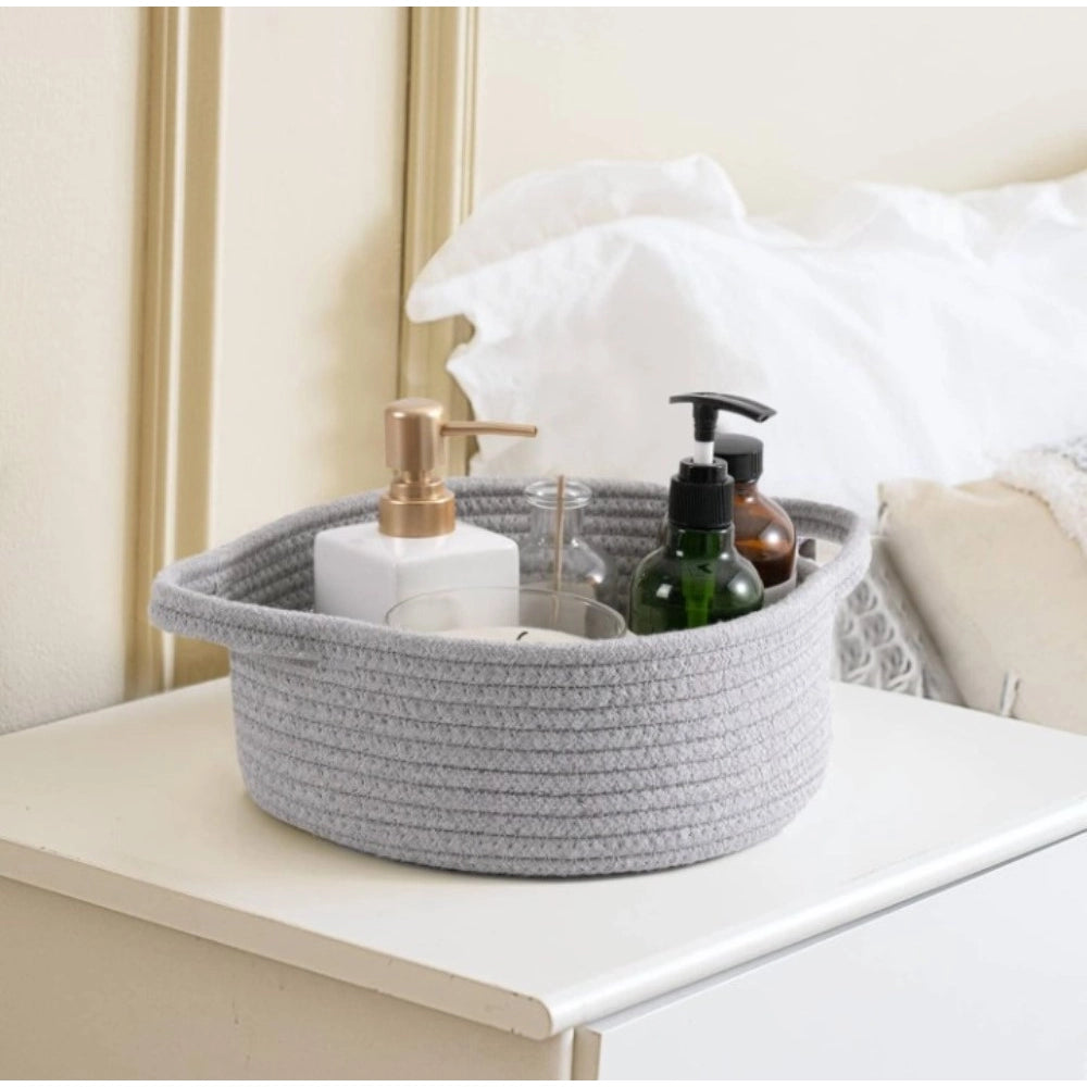 Amfyn Cotton 8x3 Inch Round Bedside Organizer With Out Lid (Gray)