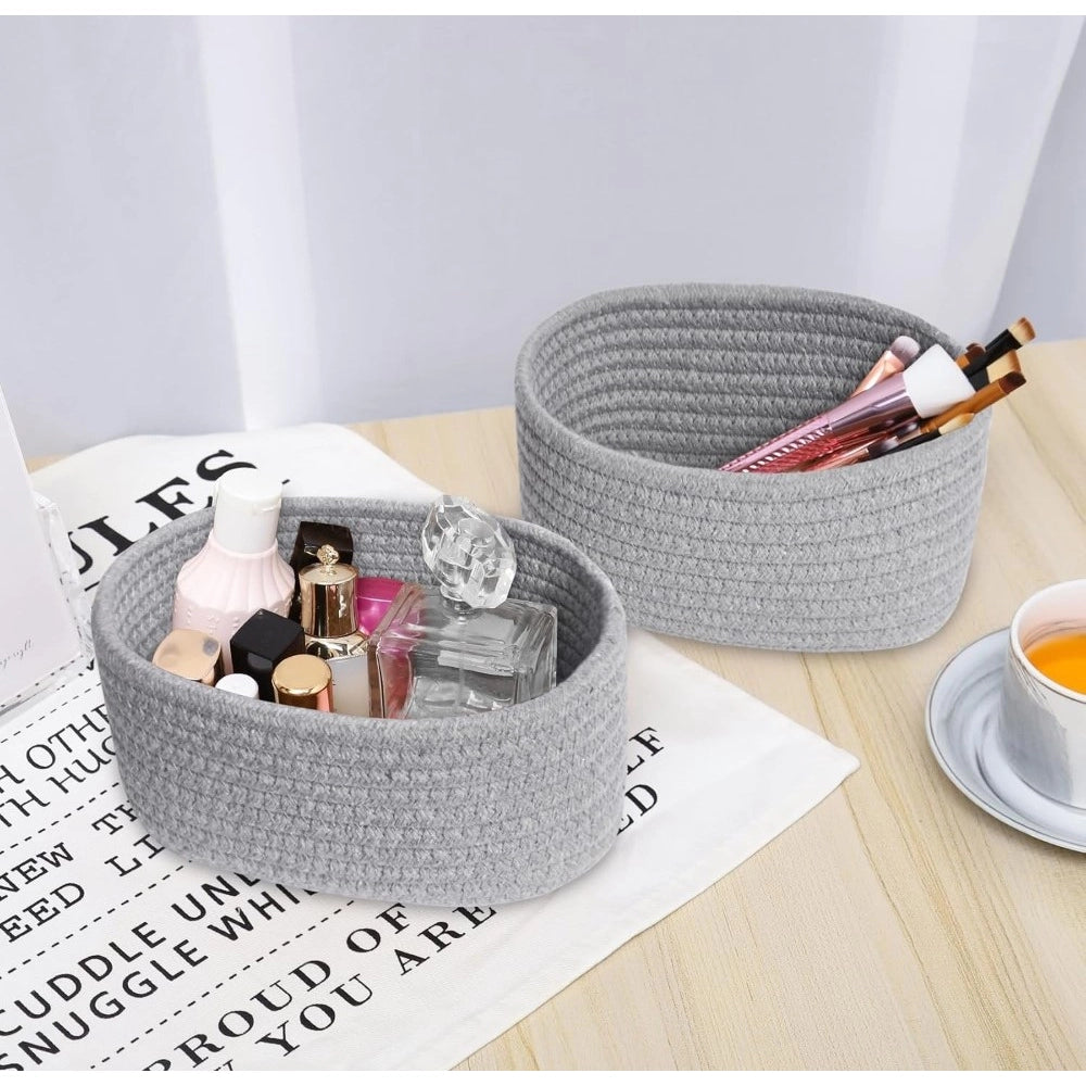 Amfyn Cotton 8x3 Inch Round 2 Set Bedside Organizer With Out Lid (Gray)