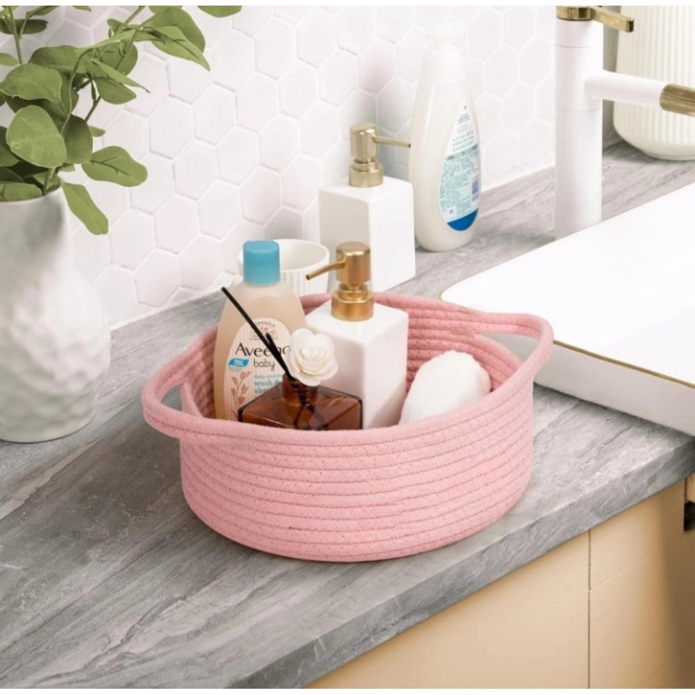 Amfyn Cotton 8x3 Inch Round Bedside Organizer With Out Lid (Pink)