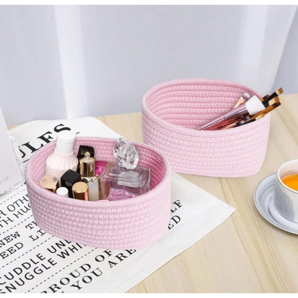 Amfyn Cotton 8x3 Inch Round 2 Set Bedside Organizer With Out Lid (Pink)
