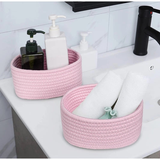 Amfyn Cotton 8x3 Inch Round 2 Set Bedside Organizer With Out Lid (Pink)