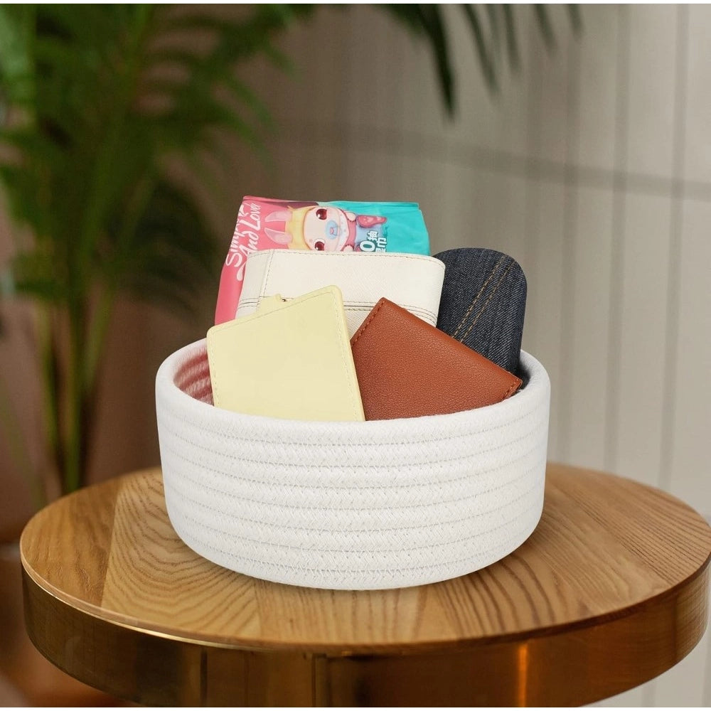 Amfyn Cotton 8x3 Inch Round 1 Pcs Bedside Organizer With Out Lid (White)