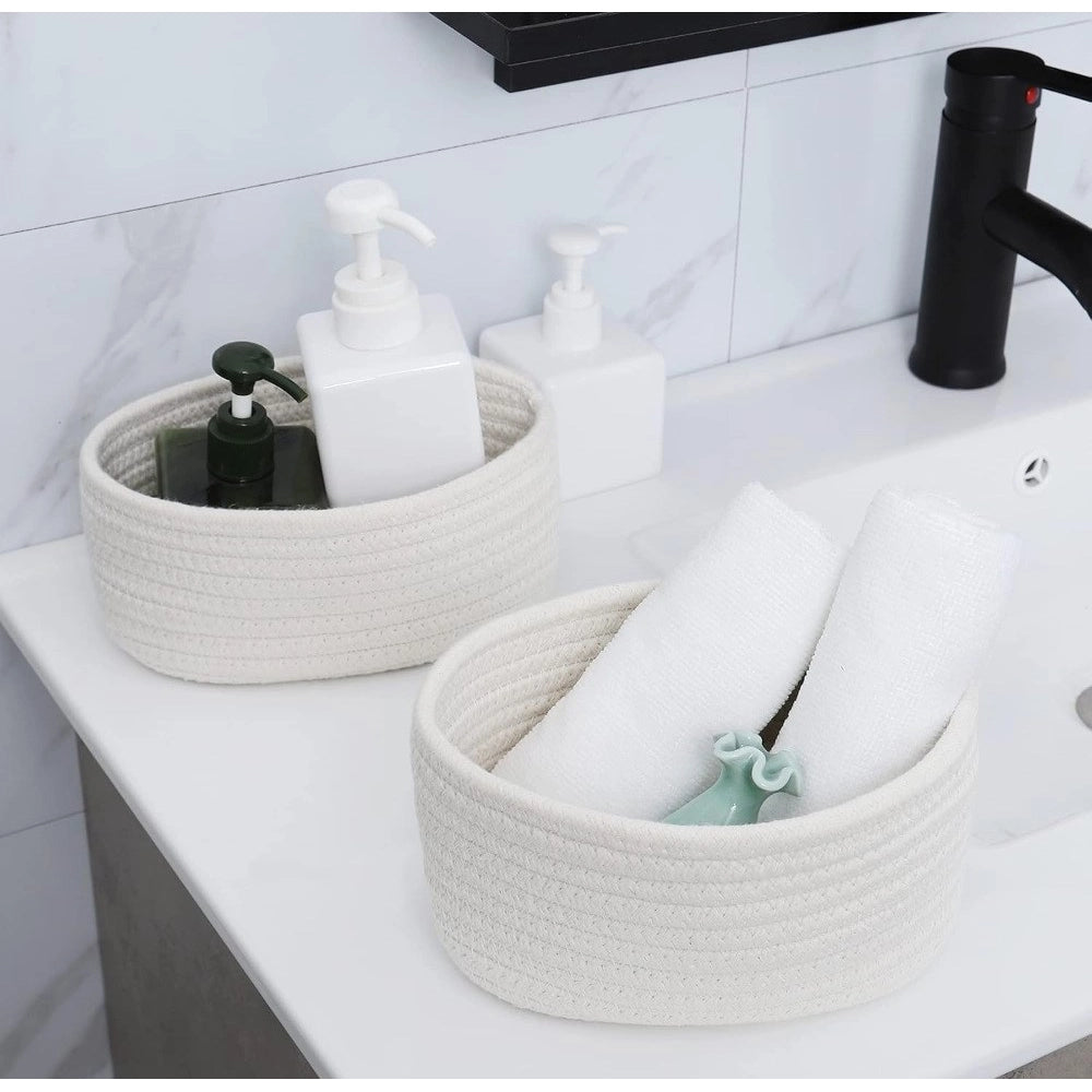 Amfyn Cotton 8x3 Inch Round 2 Set Bedside Organizer With Out Lid (White)