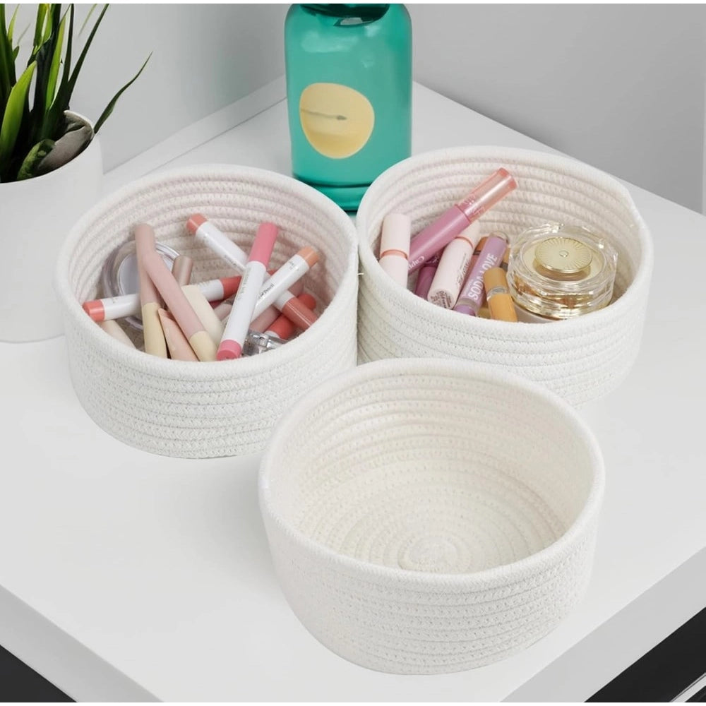 Amfyn Cotton 8x3 Inch Round 3 Set Bedside Organizer With Out Lid (White)