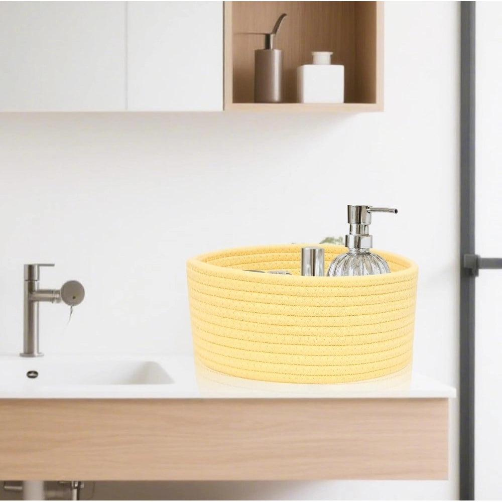 Amfyn Cotton 8x3 Inch Round 1 Pcs Bedside Organizer With Out Lid (Yellow)