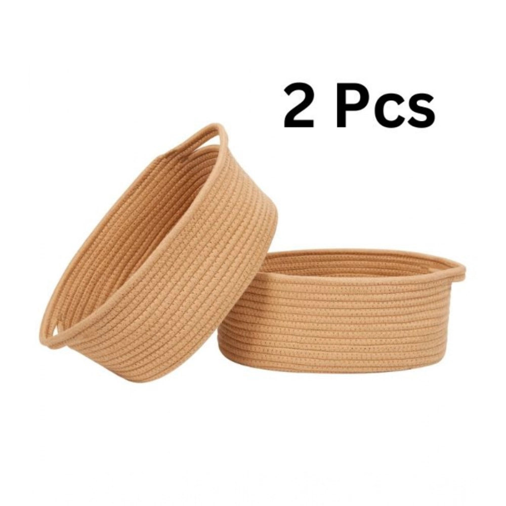 Amfyn Cotton 2 Pcs 10x7x4 Inch Oval Storage Basket For Clothes (Beige)