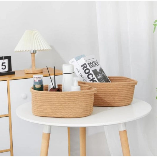 Amfyn Cotton 2 Pcs 10x7x4 Inch Oval Storage Basket For Clothes (Beige)