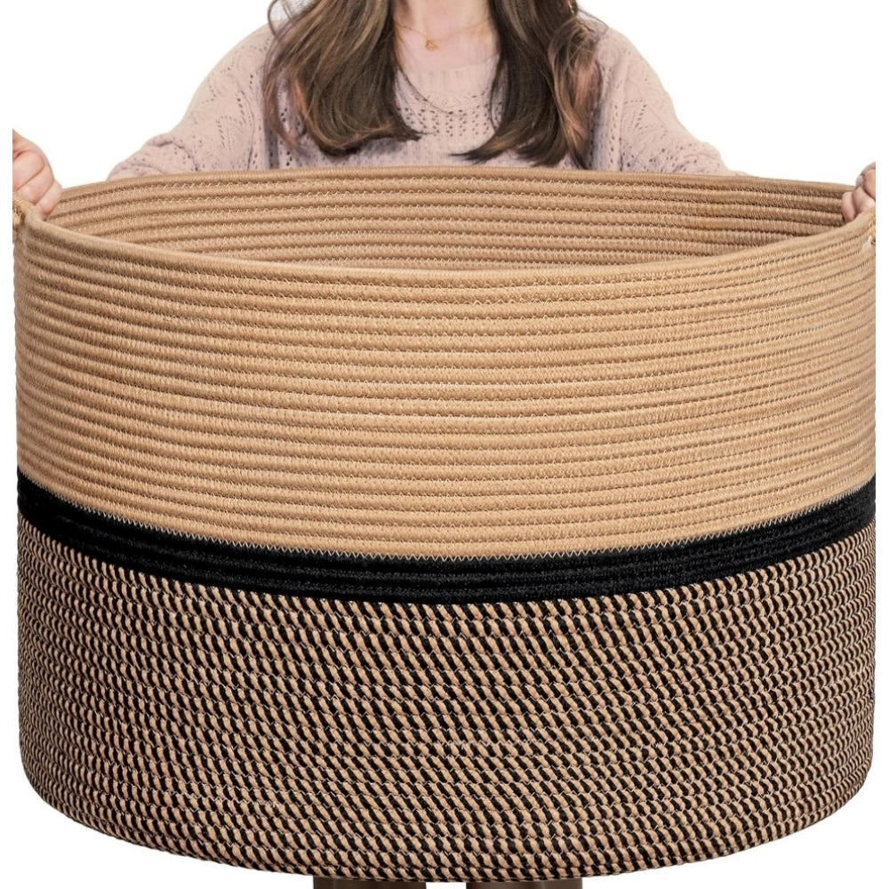 Amfyn Cotton Dori 16x14 Inch Storage Basket For Clothes With Out Lid (Beige-Beige-Black)