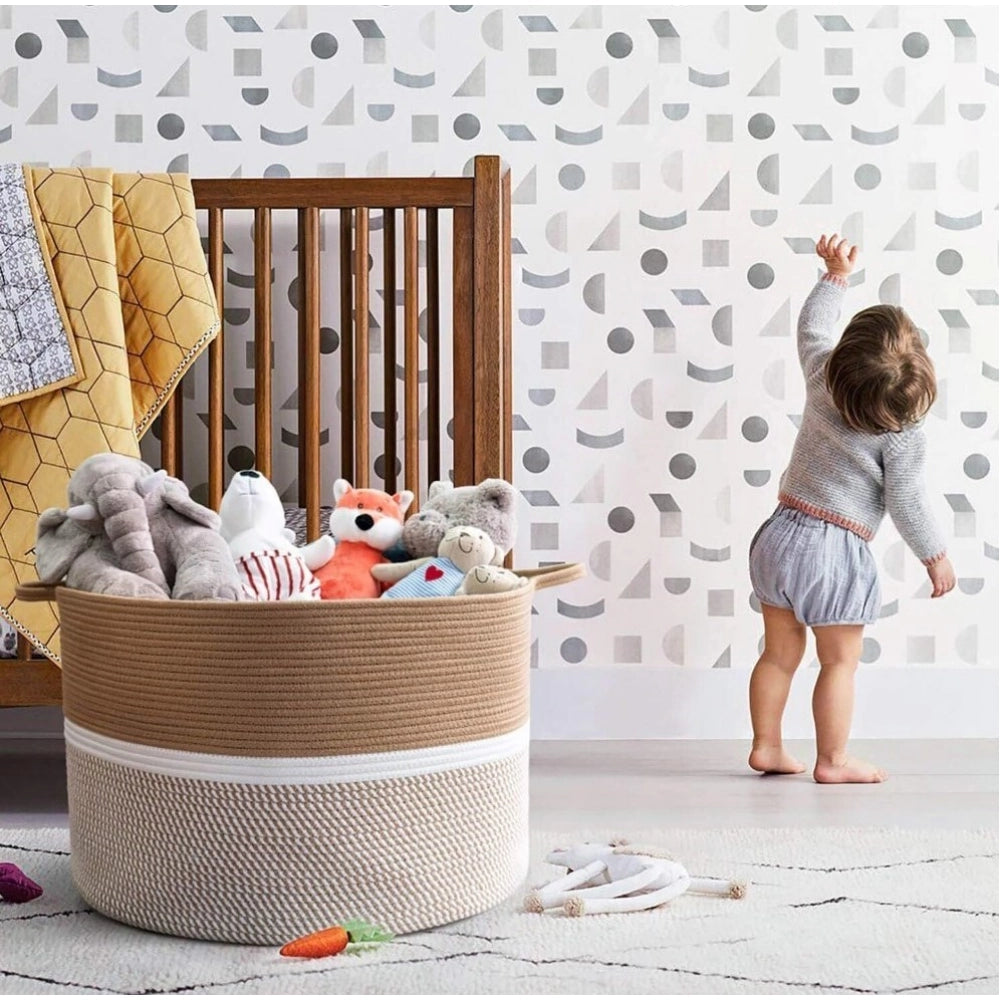 Amfyn Cotton Dori 16x14 Inch Storage Basket For Clothes With Out Lid (Beige-Beige-White)