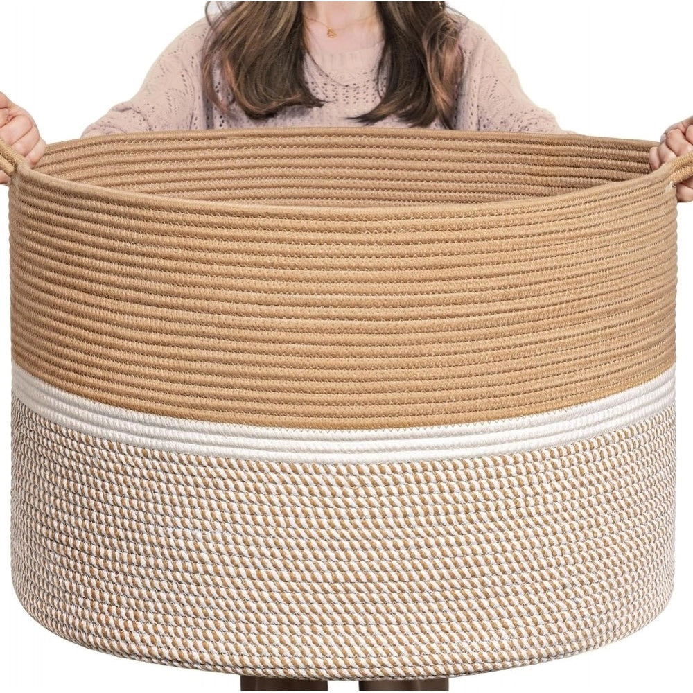 Amfyn Cotton Dori 16x14 Inch Storage Basket For Clothes With Out Lid (Beige-Beige-White)