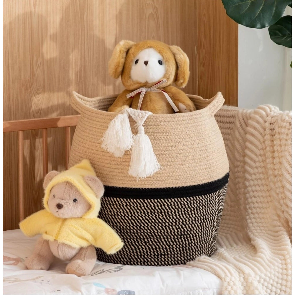 Amfyn Cotton Matka 14x12 Inch Storage Basket For Clothes With Out Lid (Beige-Black)
