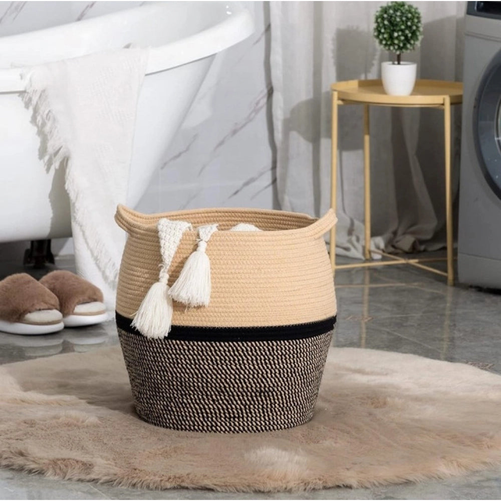Amfyn Cotton Matka 14x12 Inch Storage Basket For Clothes With Out Lid (Beige-Black)