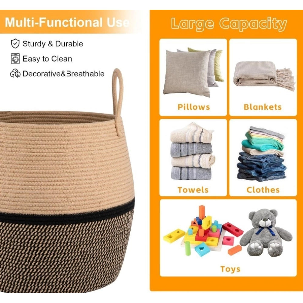 Amfyn Cotton Matka With Handle 14x12 Inch Storage Basket For Clothes With Out Lid (Beige-Black)