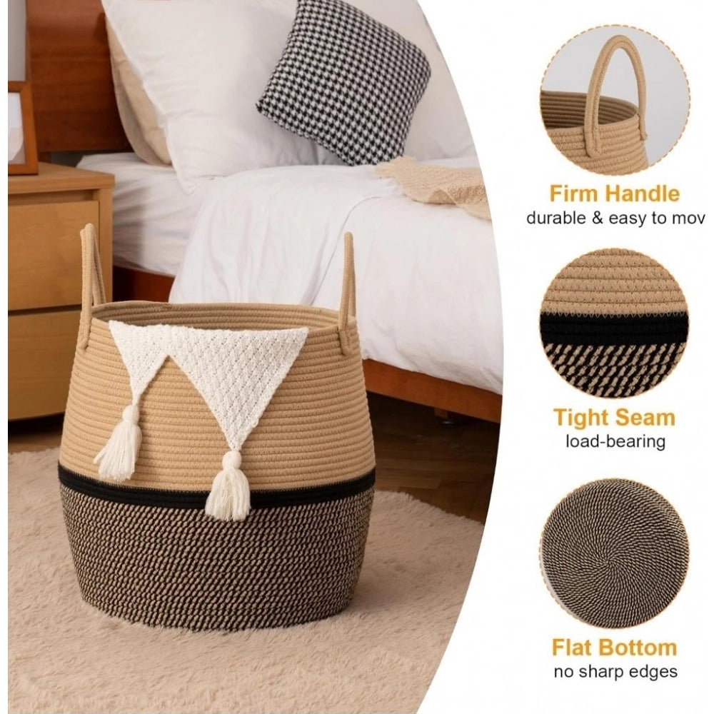 Amfyn Cotton Matka With Handle 14x12 Inch Storage Basket For Clothes With Out Lid (Beige-Black)