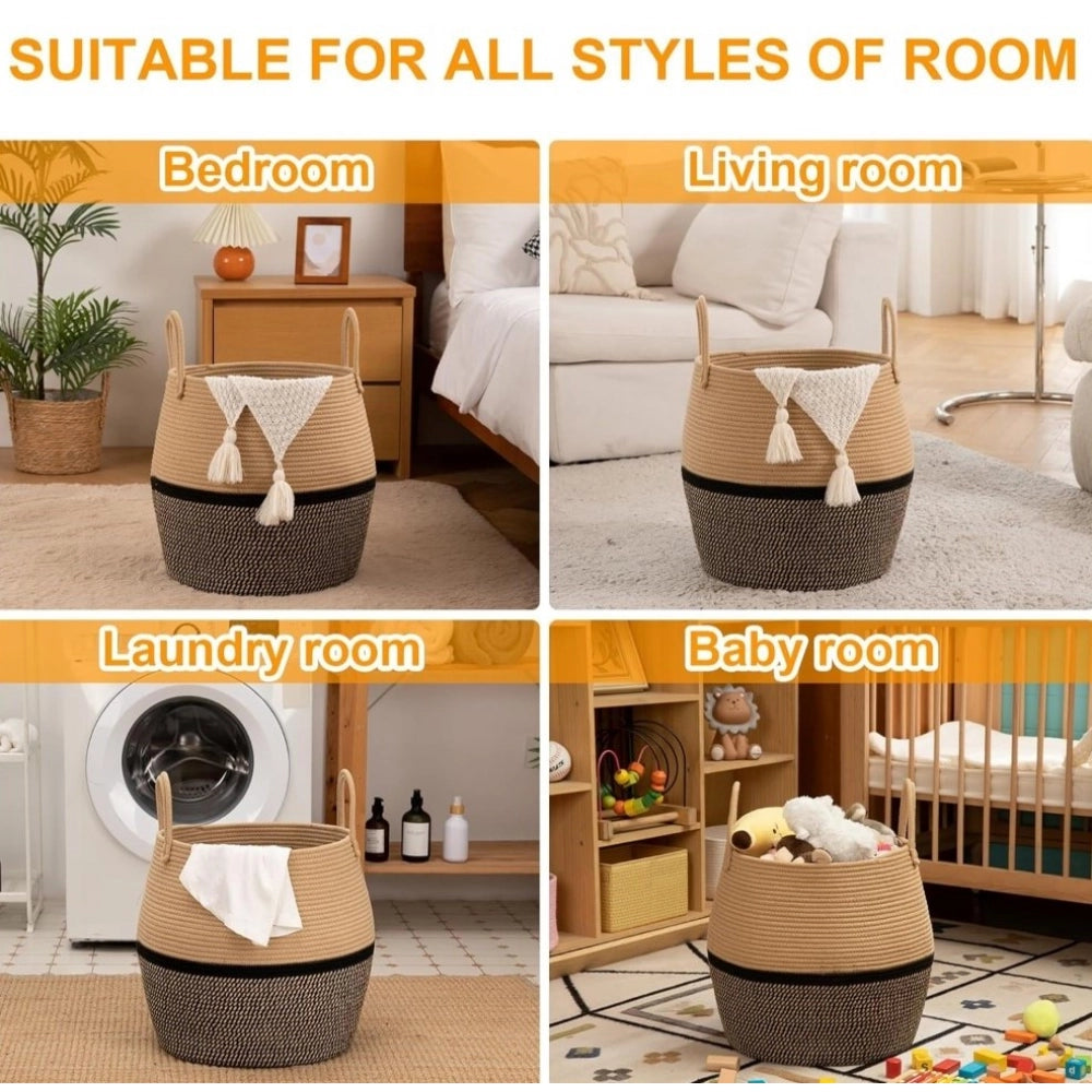 Amfyn Cotton Matka With Handle 14x12 Inch Storage Basket For Clothes With Out Lid (Beige-Black)