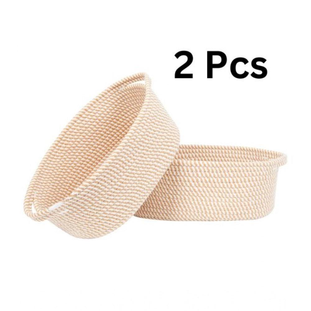 Amfyn Cotton 2 Pcs 10x7x4 Inch Oval Storage Basket For Clothes (Beige)