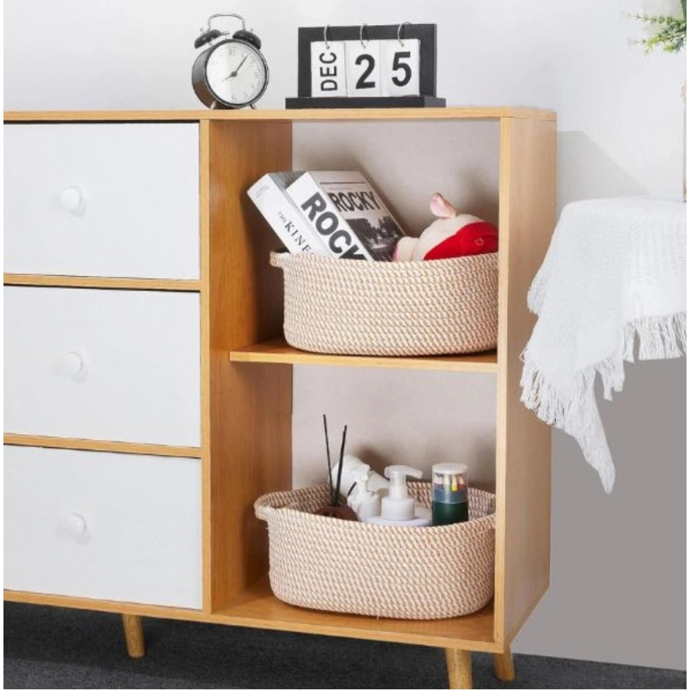 Amfyn Cotton 2 Pcs 10x7x4 Inch Oval Storage Basket For Clothes (Beige)