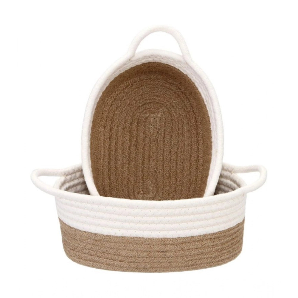 Amfyn Cotton White Basket 2 Pcs Storage Basket For Clothes (Beige-White)