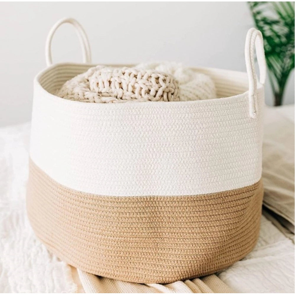 Amfyn Cotton Pack Of_1 12x14 Inch Laundry Storage Basket For Clothes (Beige-White)