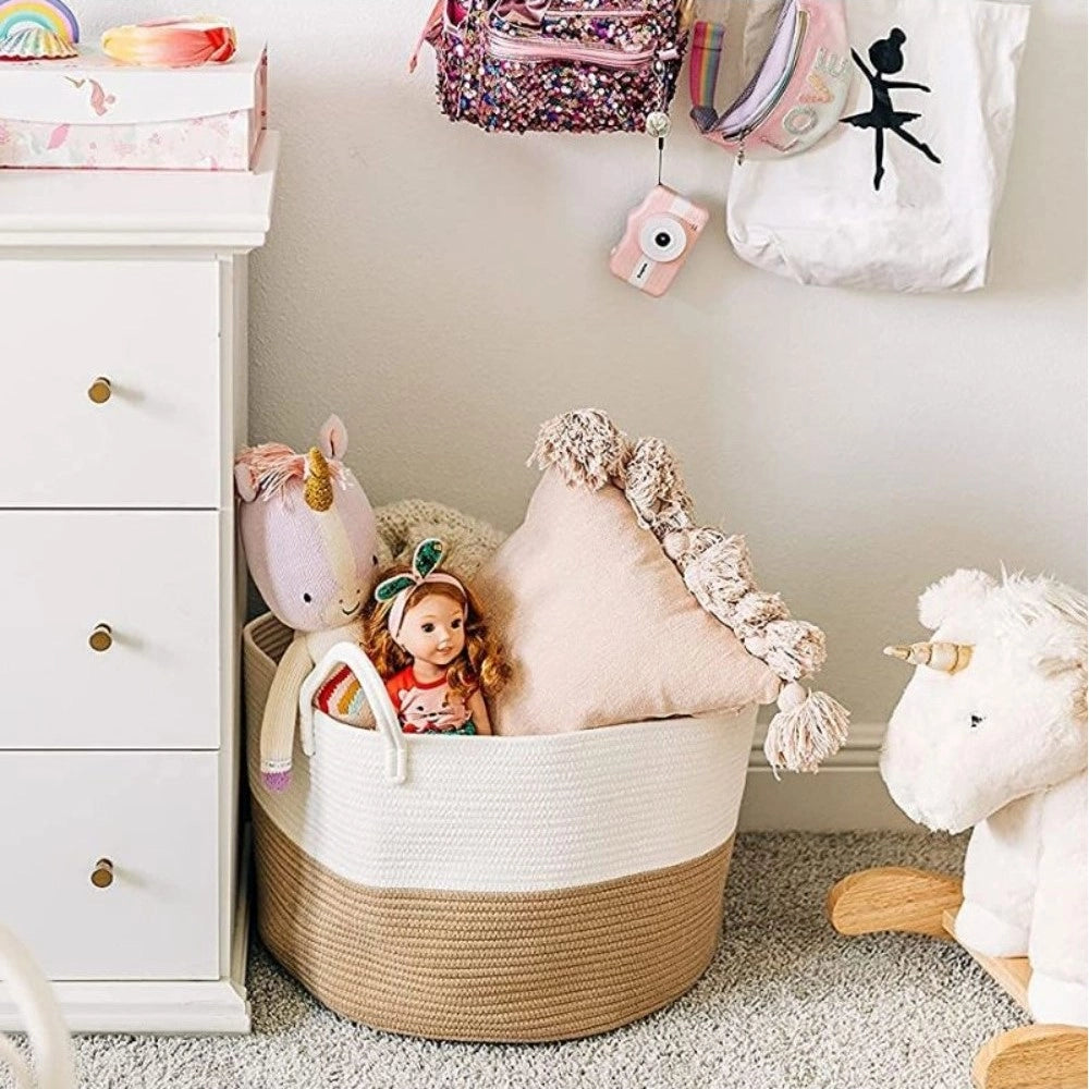 Amfyn Cotton Pack Of_1 12x14 Inch Laundry Storage Basket For Clothes (Beige-White)