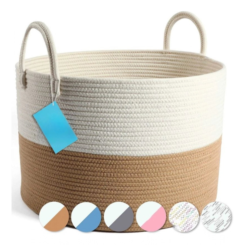 Amfyn Cotton Pack Of_1 12x14 Inch Laundry Storage Basket For Clothes (Beige-White)