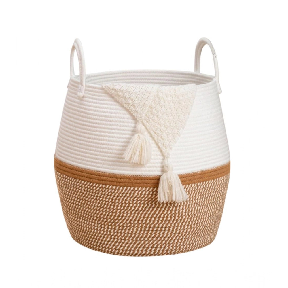 Amfyn Cotton Matka With Handle 14x12 Inch Storage Basket For Clothes With Out Lid (Beige-White)