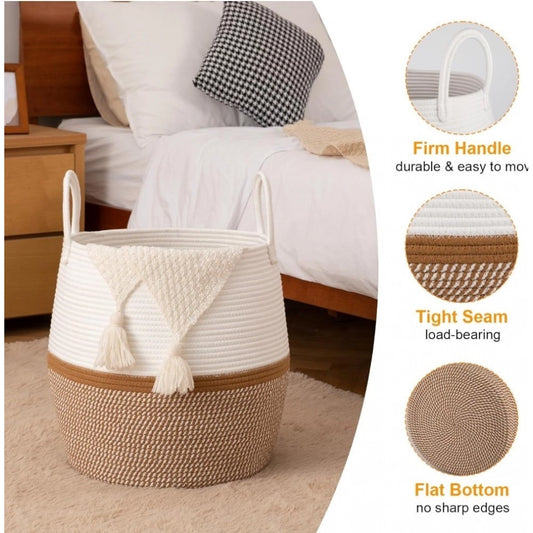 Amfyn Cotton Matka With Handle 14x12 Inch Storage Basket For Clothes With Out Lid (Beige-White)