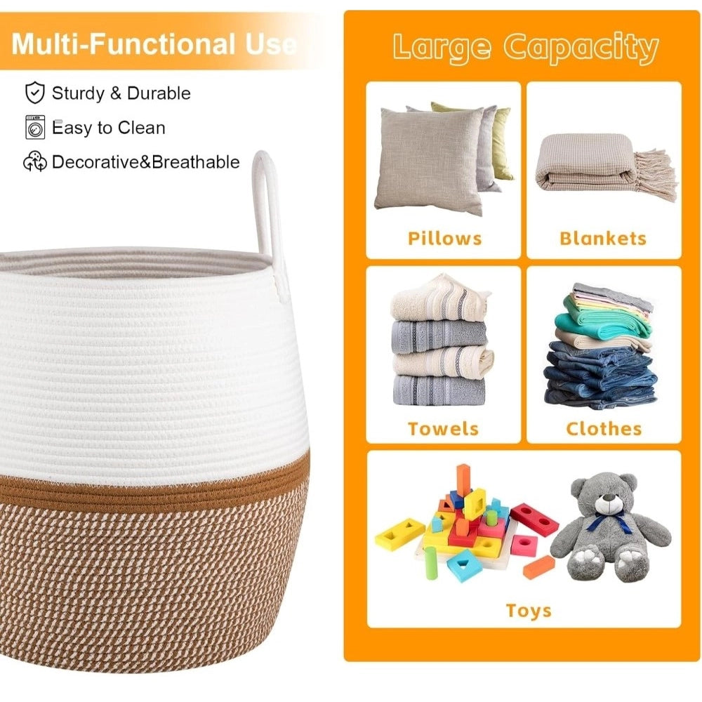 Amfyn Cotton Matka With Handle 14x12 Inch Storage Basket For Clothes With Out Lid (Beige-White)