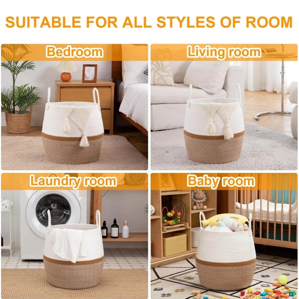 Amfyn Cotton Matka With Handle 14x12 Inch Storage Basket For Clothes With Out Lid (Beige-White)
