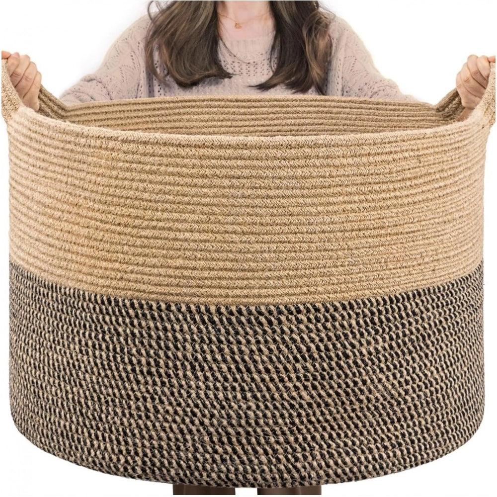 Amfyn Cotton Pack Of_1 16x14 Inch Storage Basket For Clothes With Out Lid (Beige-Beige-Black)
