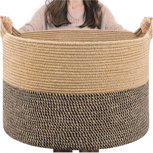 Amfyn Cotton Pack Of_1 16x14 Inch Storage Basket For Clothes With Out Lid (Beige-Beige-Black)