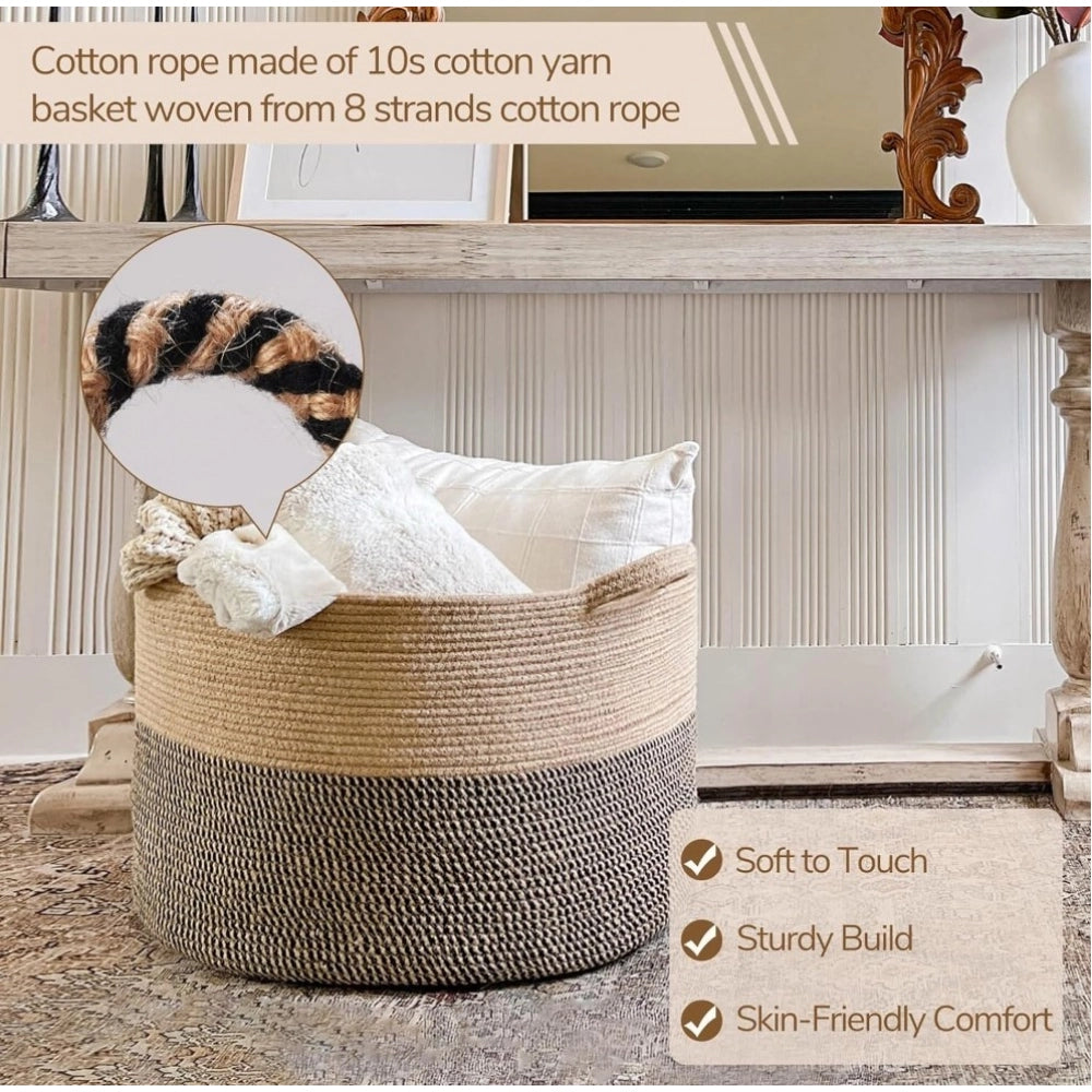 Amfyn Cotton Pack Of_1 16x14 Inch Storage Basket For Clothes With Out Lid (Beige-Beige-Black)