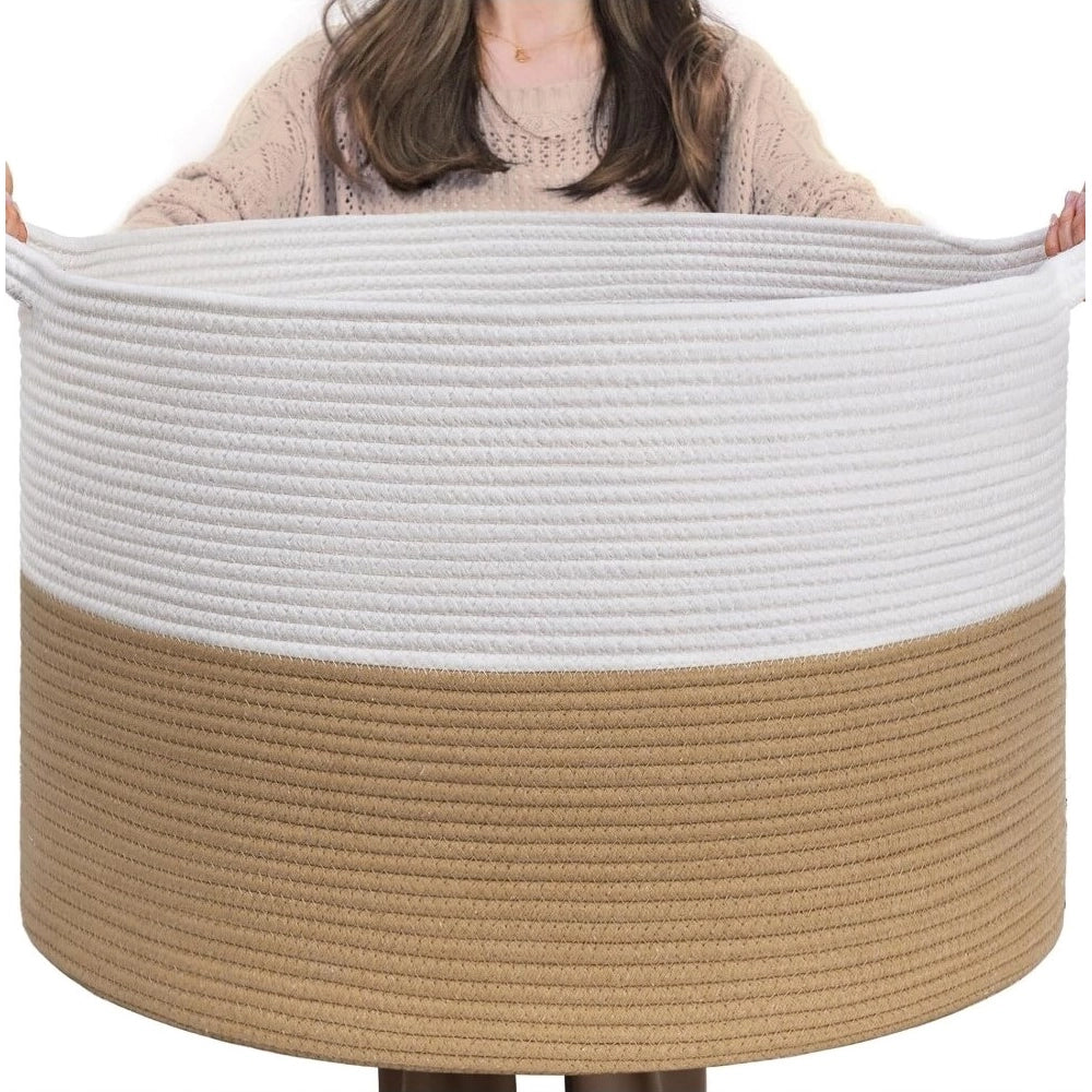 Amfyn Cotton Pack Of_1 16x14 Inch Storage Basket For Clothes With Out Lid (Beige-White)