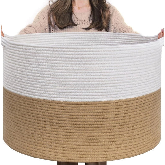 Amfyn Cotton Pack Of_1 16x14 Inch Storage Basket For Clothes With Out Lid (Beige-White)