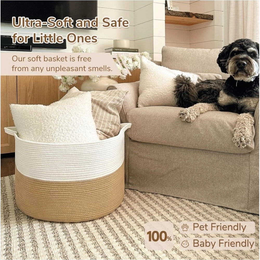 Amfyn Cotton Pack Of_1 16x14 Inch Storage Basket For Clothes With Out Lid (Beige-White)