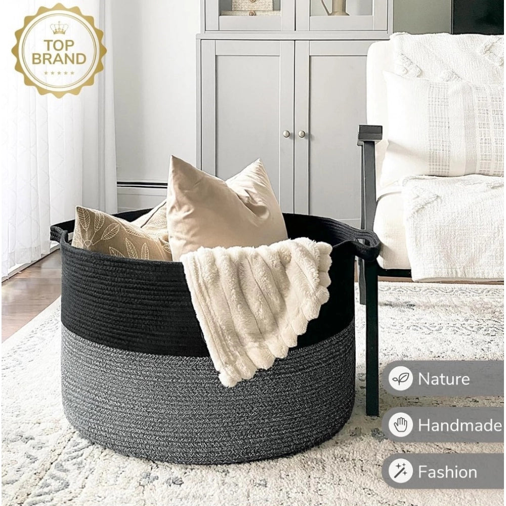 Amfyn Cotton Pack Of_1 16x14 Inch Storage Basket For Clothes With Out Lid (Black-Gray)