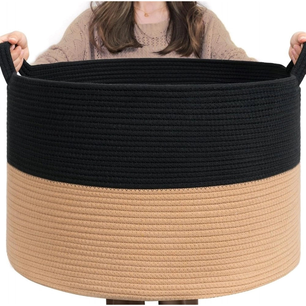 Amfyn Cotton Pack Of_1 16x14 Inch Storage Basket For Clothes With Out Lid (Black-Beige)