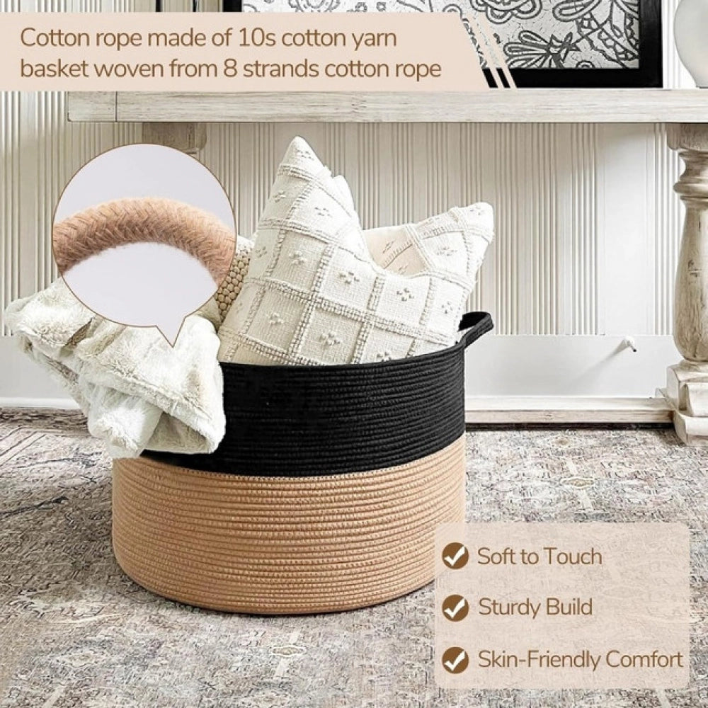 Amfyn Cotton Pack Of_1 16x14 Inch Storage Basket For Clothes With Out Lid (Black-Beige)