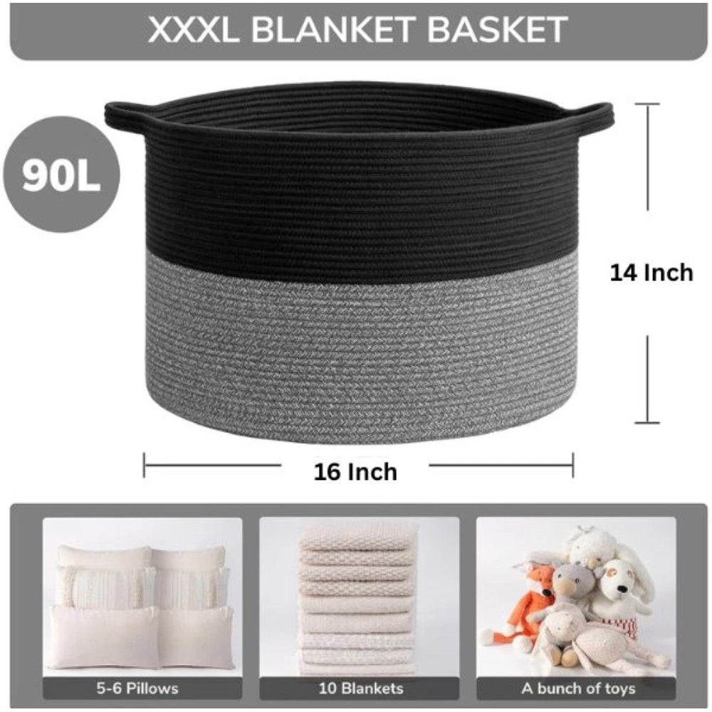 Amfyn Cotton Pack Of_1 16x14 Inch Storage Basket For Clothes With Out Lid (Black-Black-Kidi)