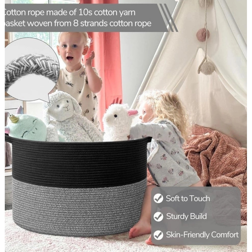 Amfyn Cotton Pack Of_1 16x14 Inch Storage Basket For Clothes With Out Lid (Black-Black-Kidi)