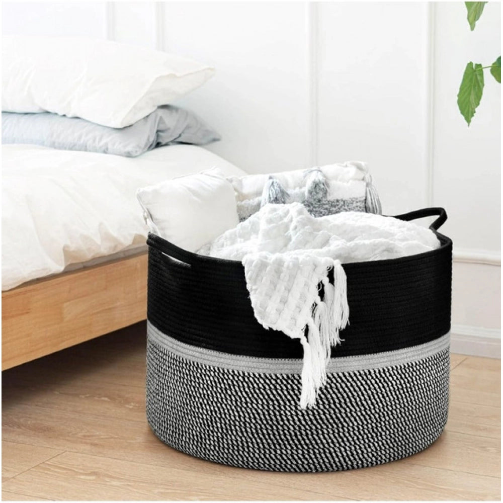 Amfyn Cotton Dori 16x14 Inch Storage Basket For Clothes With Out Lid (Black-Black-White)