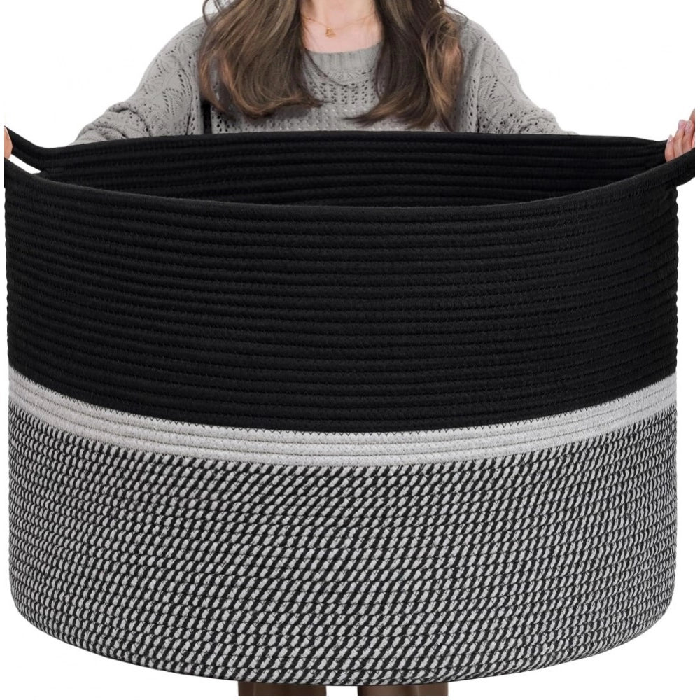 Amfyn Cotton Dori 16x14 Inch Storage Basket For Clothes With Out Lid (Black-Black-White)