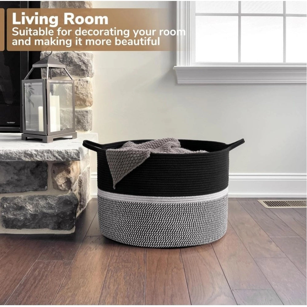 Amfyn Cotton Dori 16x14 Inch Storage Basket For Clothes With Out Lid (Black-Black-White)